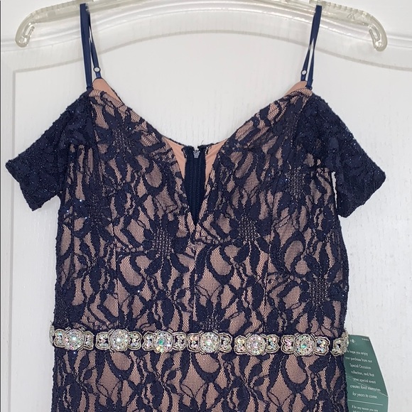 Long Navy lace formal dress w bead detail, size 15 - Picture 2 of 5